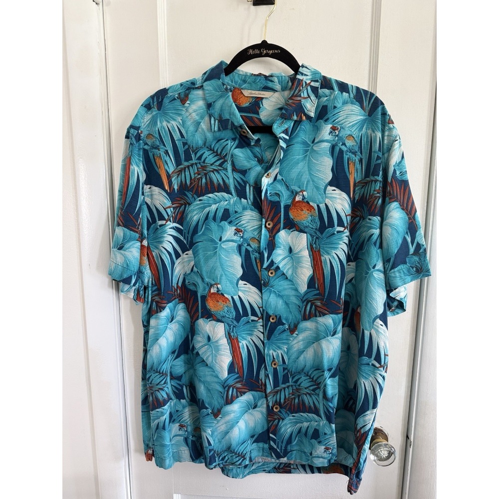 Paradise Collection Hawaiian Shirt Men XL 100% Silk Parrot Floral Tropical
